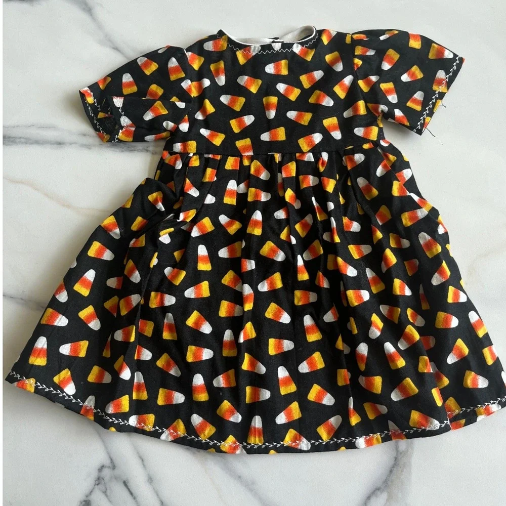 Handmade 18in Doll Candy Corn Print Dress Black Halloween Fall Short Sleeve